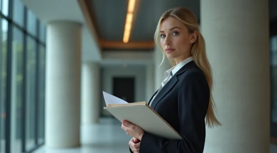 Photographie d'une personne en costume professionnel tenant un dossier juridique dans un environnement administratif moderne, avec des éléments d'architecture contemporaine en arrière-plan flou