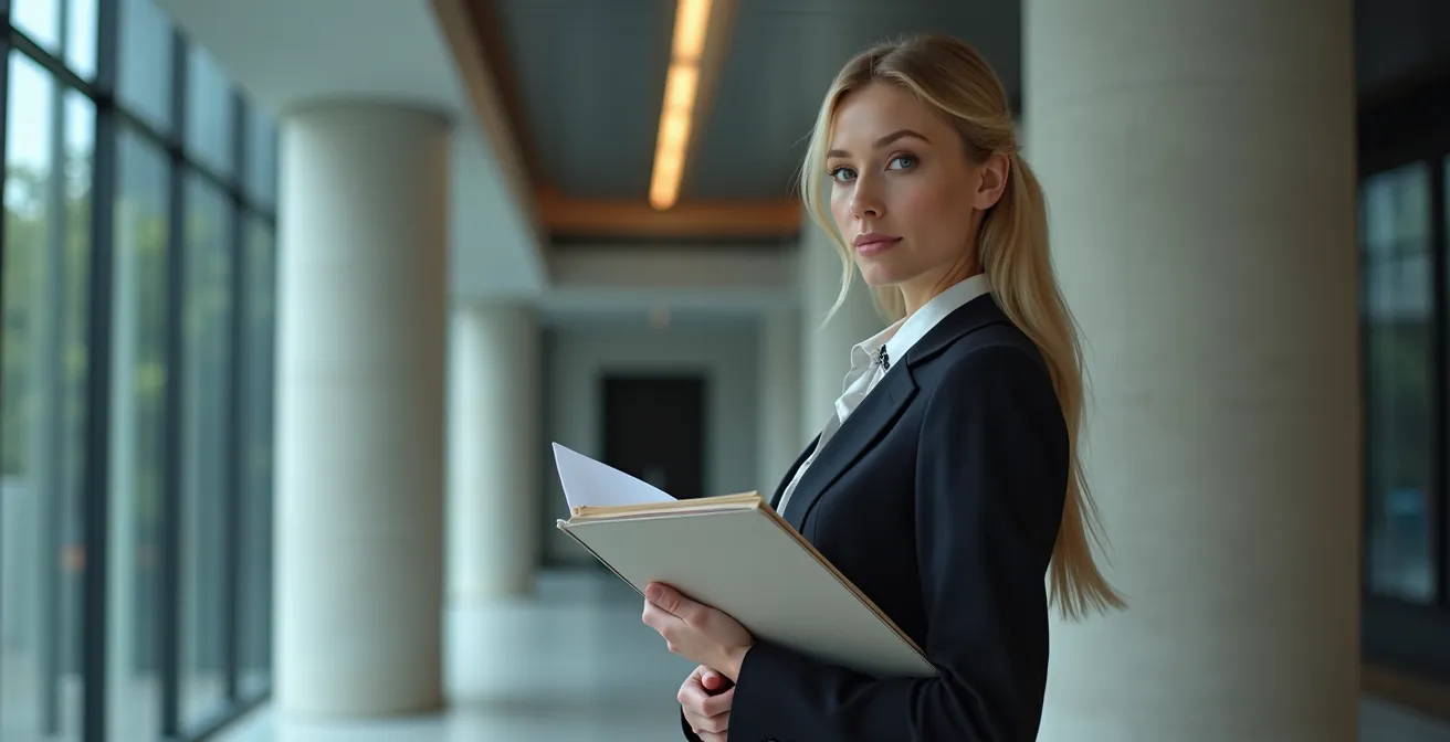 Photographie d'une personne en costume professionnel tenant un dossier juridique dans un environnement administratif moderne, avec des éléments d'architecture contemporaine en arrière-plan flou