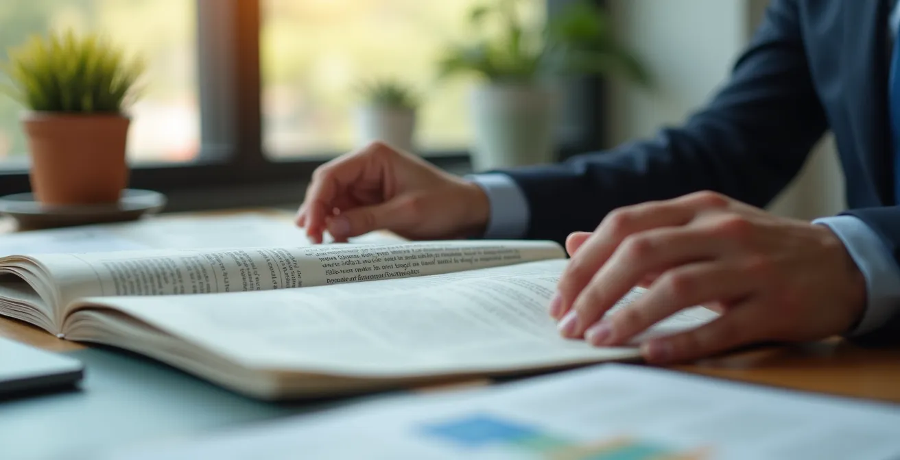 Gros plan photographique sur des mains professionnelles feuilletant délicatement un journal ouvert, avec un environnement de bureau moderne en arrière-plan flou