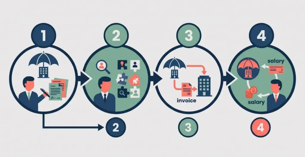 Schéma des 4 étapes du portage salarial. Schéma des 4 étapes du portage salarial.