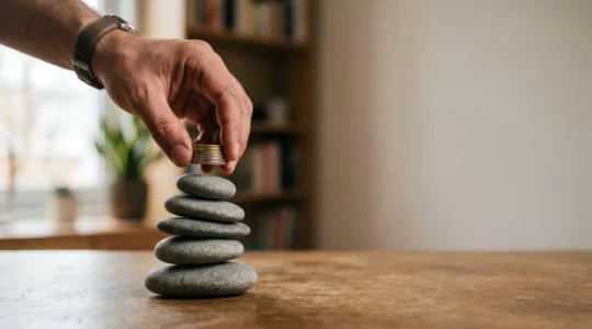 Entrepreneur equilibrant une pile de pieces sur une balance symbolisant l'anticipation des charges sociales pour eviter un decouvert bancaire