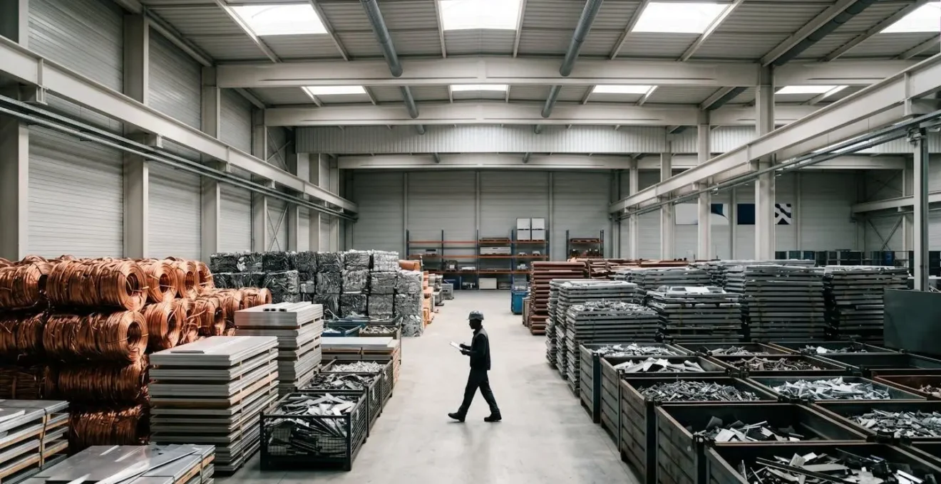 Vue d'ensemble d'un atelier de tri de métaux dans un centre de recyclage, illustrant une activité rentable et organisée