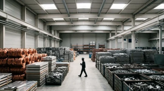 Vue d'ensemble d'un atelier de tri de métaux dans un centre de recyclage, illustrant une activité rentable et organisée