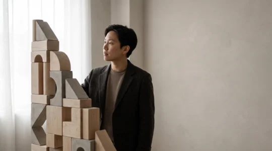 Entrepreneur observant une structure de blocs modulaires en lévitation contrôlée, symbolisant la construction méthodique d'un modèle économique générant des revenus récurrents
