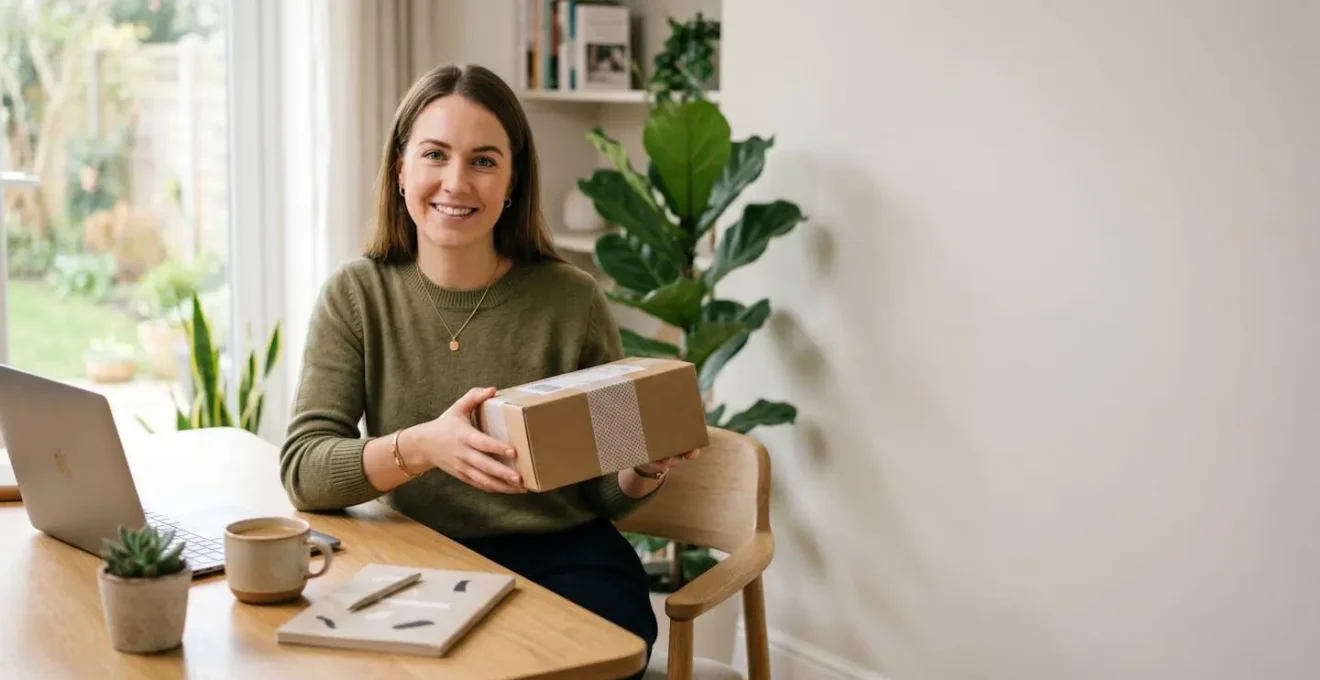 Une personne finalise un achat en ligne sur une plateforme de e-commerce dans un intérieur lumineux et épuré, symbolisant la confiance et la conversion réussie.