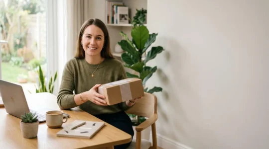 Une personne finalise un achat en ligne sur une plateforme de e-commerce dans un intérieur lumineux et épuré, symbolisant la confiance et la conversion réussie.