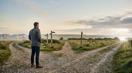 Entrepreneur pensif face à plusieurs chemins symbolisant le choix d'un accompagnement pour multiplier ses chances de réussite