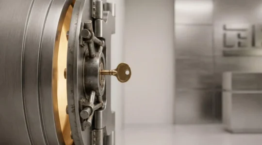 Une petite clé dorée déverrouille une imposante porte de coffre-fort bancaire, symbolisant l'effet de levier financier du prêt d'honneur