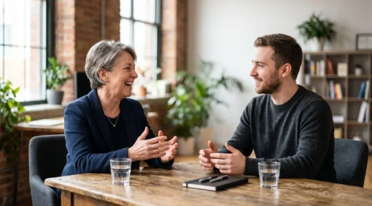 Entrepreneur et coach échangeant dans un bureau lumineux, symbolisant l'accélération de l'apprentissage entrepreneurial