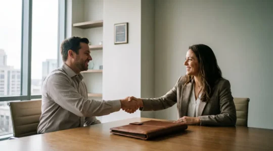 Deux professionnels se serrant la main dans un bureau lumineux après la présentation réussie d'un projet de financement