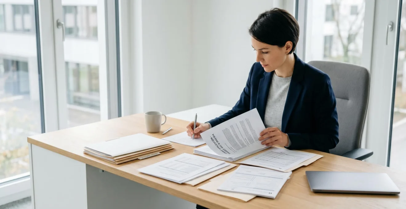 Consultant en aides publiques analysant des dossiers de subventions dans un bureau professionnel moderne