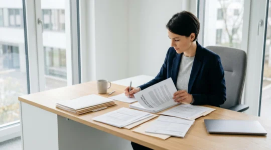 Consultant en aides publiques analysant des dossiers de subventions dans un bureau professionnel moderne