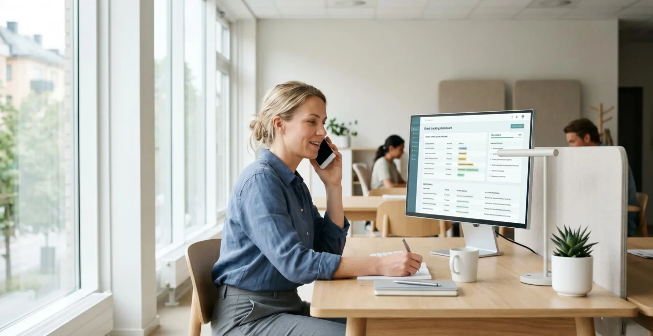 Consultant en conversation téléphonique pour le suivi d'un dossier de subvention avec tableau de bord visible à l'écran