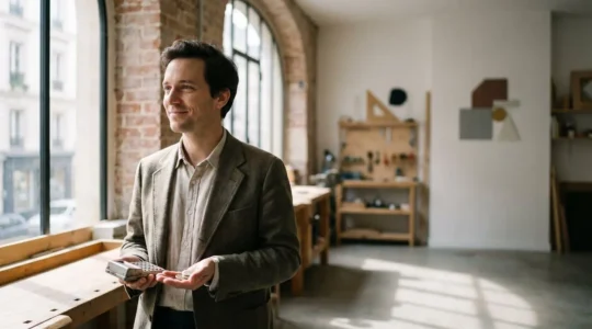 Jeune entrepreneur français consultant ses documents financiers dans un atelier lumineux, symbolisant les économies de charges sociales en première année d'activité
