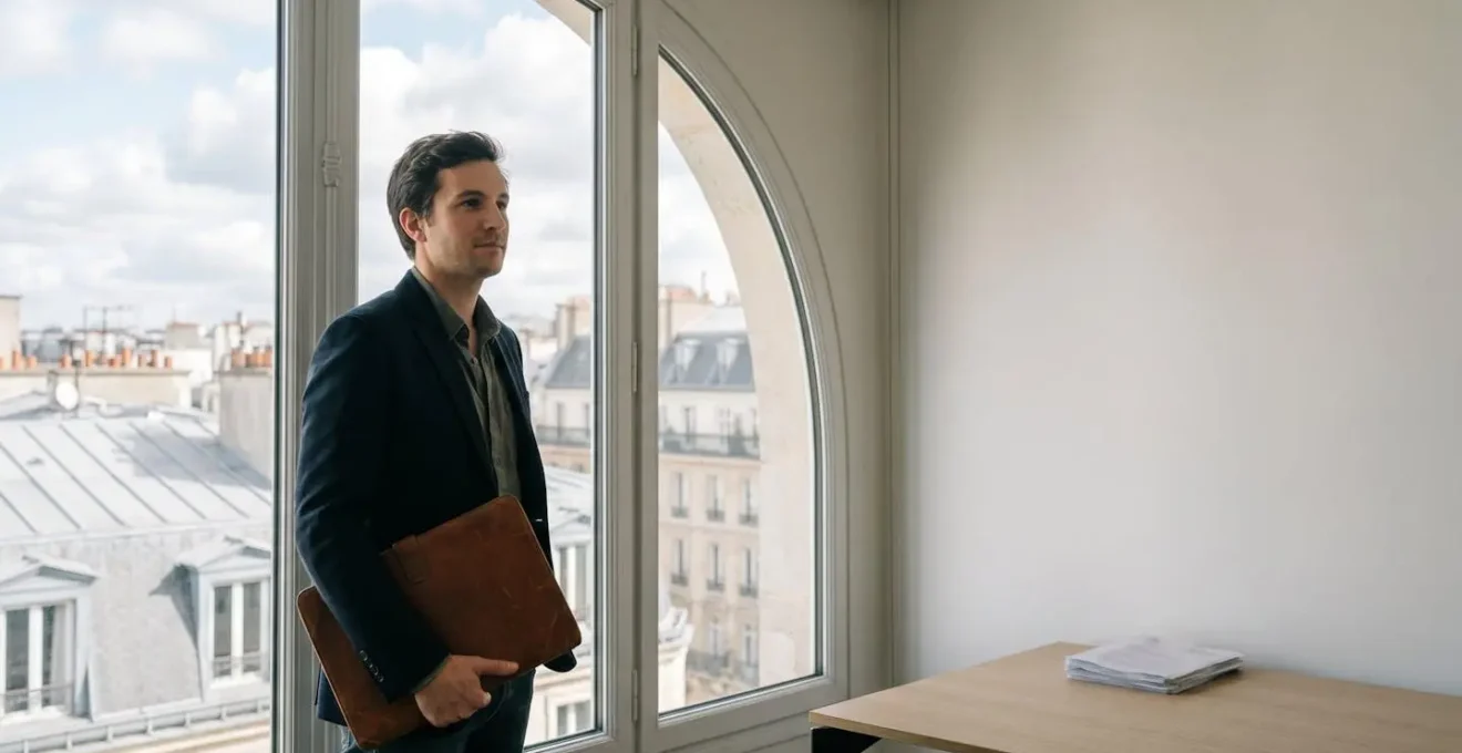 Entrepreneur français consultant ses documents de création d'entreprise dans un bureau lumineux parisien, symbolisant la réussite d'une démarche administrative rapide.
