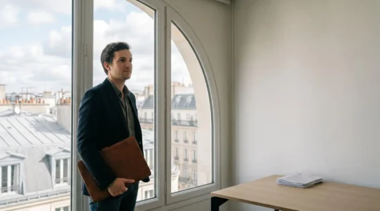 Entrepreneur français consultant ses documents de création d'entreprise dans un bureau lumineux parisien, symbolisant la réussite d'une démarche administrative rapide.
