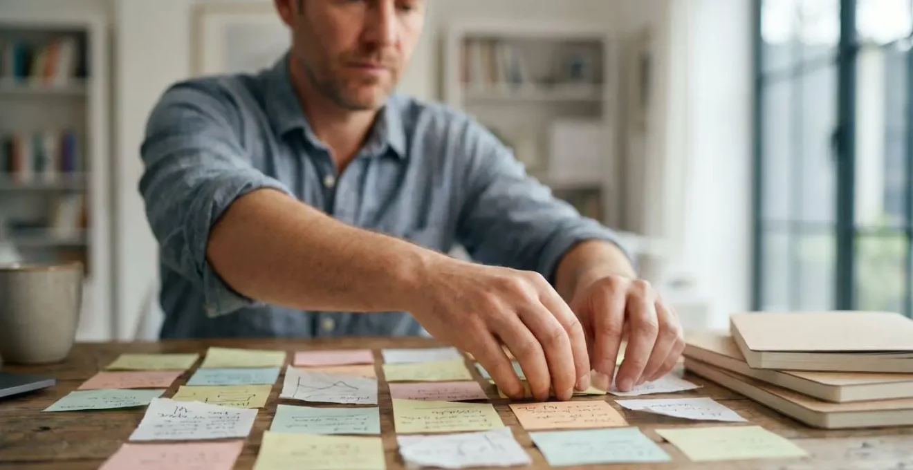 Entrepreneur concentre transformant des notes eparses en un plan structure sur un bureau en bois