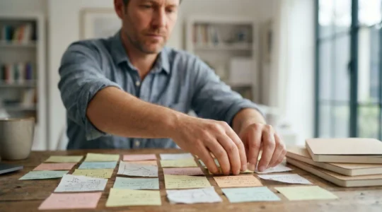 Entrepreneur concentre transformant des notes eparses en un plan structure sur un bureau en bois
