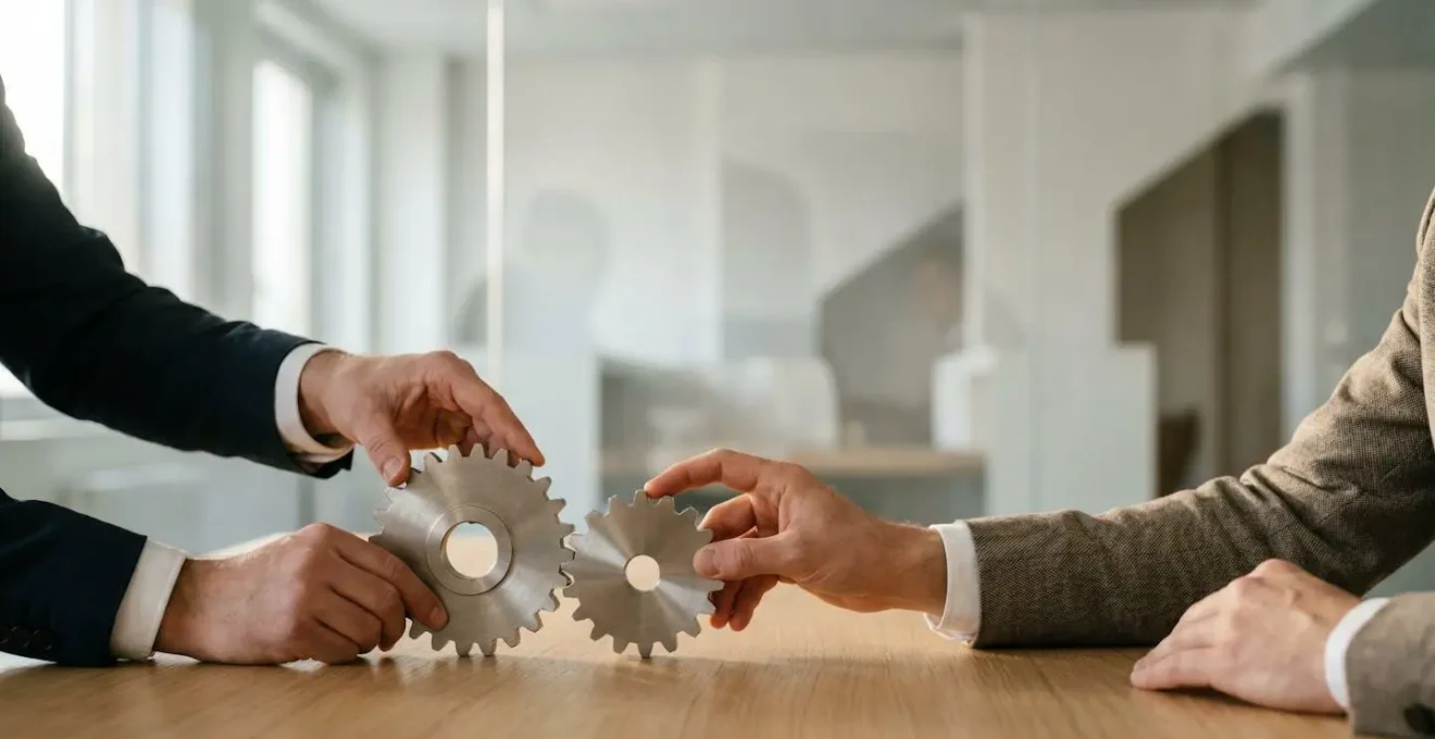 Deux mains d'associes posant ensemble la premiere pierre symbolique d'un projet d'entreprise commun