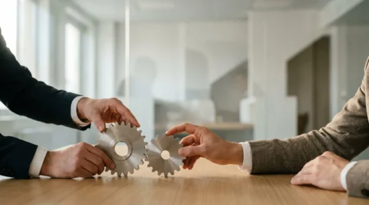 Deux mains d'associes posant ensemble la premiere pierre symbolique d'un projet d'entreprise commun