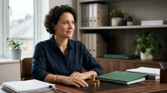 Dirigeant de petite entreprise examinant avec attention des documents de gestion de la paie, symbole de rigueur et de sérénité administrative