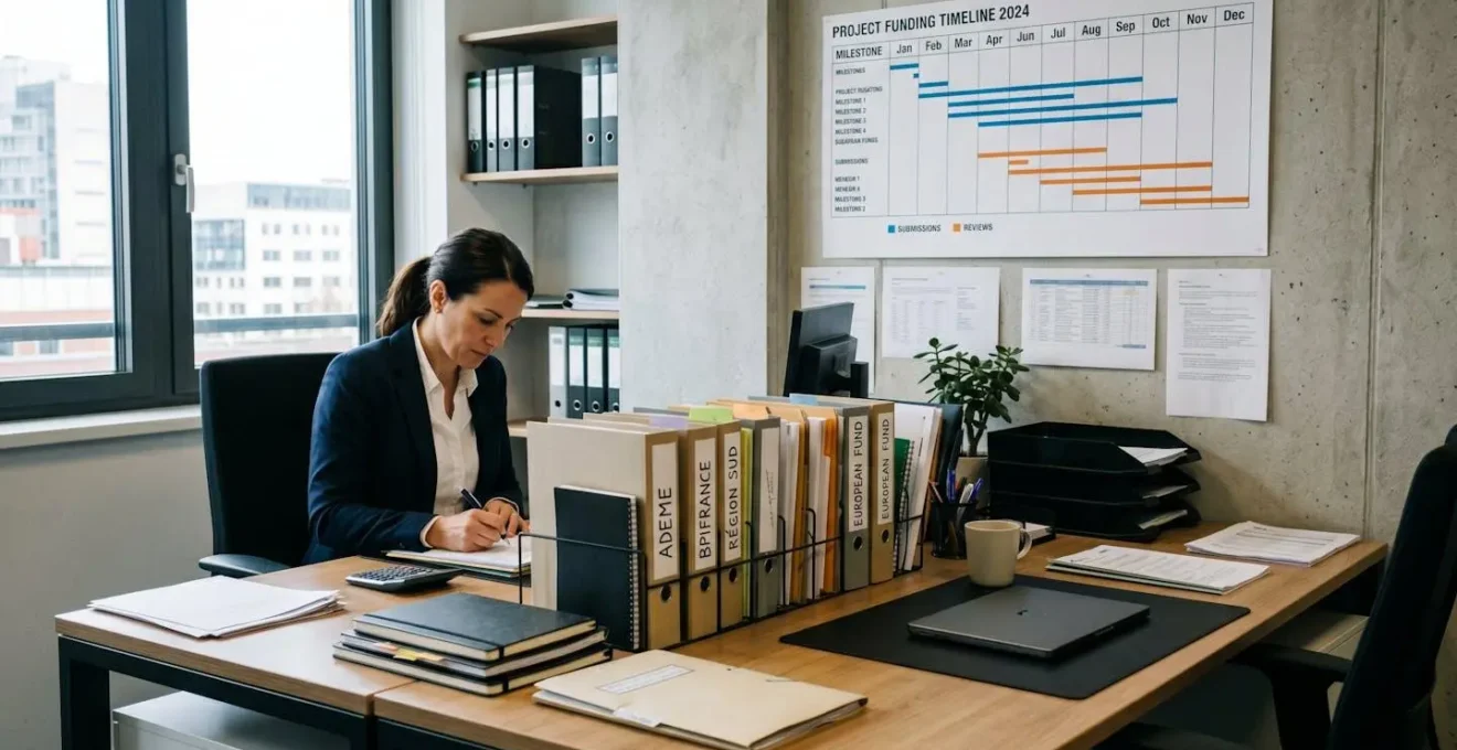 Dossiers de subventions organisés par organismes financeurs sur un bureau professionnel avec timeline projet