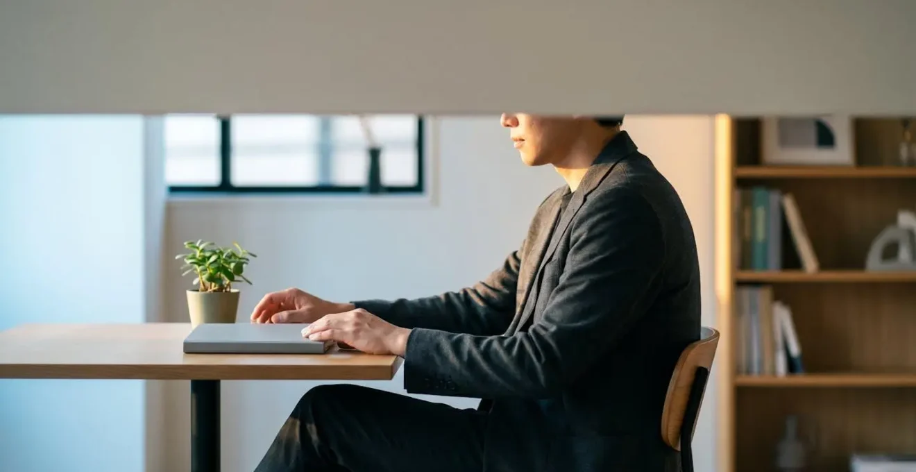 Une personne assise à un bureau la nuit, partagée symboliquement entre deux univers professionnels, illustrant le double engagement entre emploi salarié et activité indépendante