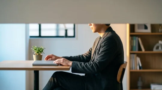 Une personne assise à un bureau la nuit, partagée symboliquement entre deux univers professionnels, illustrant le double engagement entre emploi salarié et activité indépendante