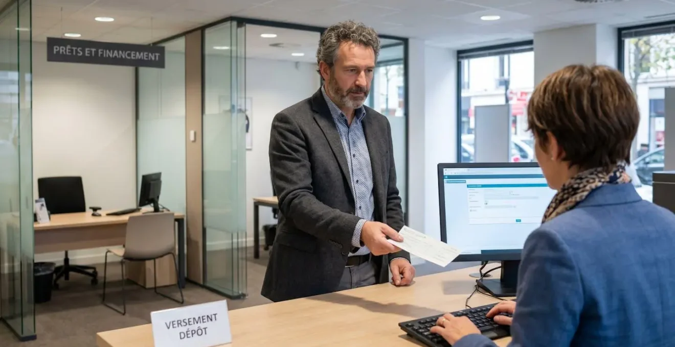Entrepreneur remettant un chèque de dépôt de capital au conseiller bancaire dans une agence française