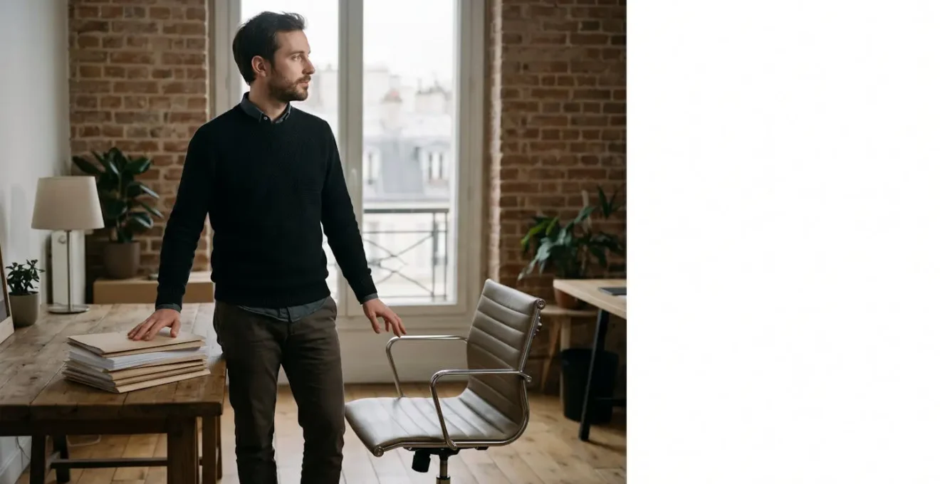 Jeune entrepreneur pensif observant un tableau de bord de décisions critiques dans un bureau minimaliste