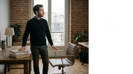 Jeune entrepreneur pensif observant un tableau de bord de décisions critiques dans un bureau minimaliste