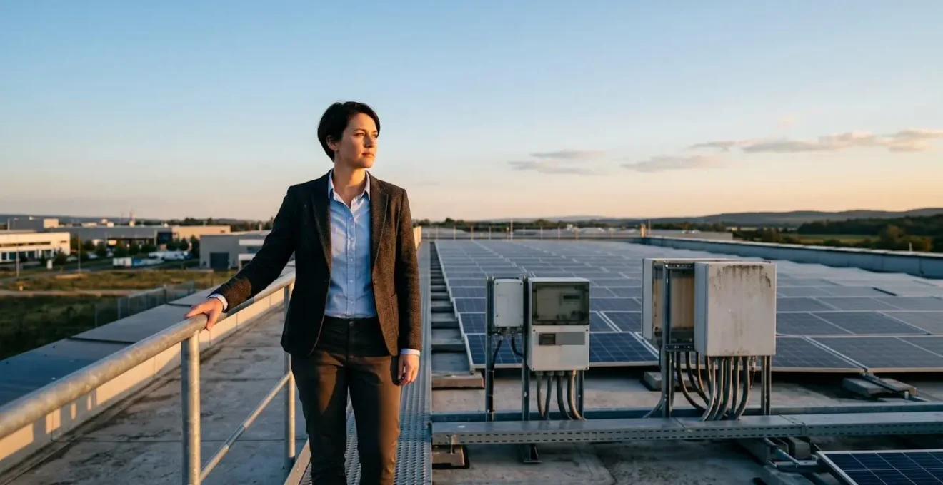 Entrepreneur observant une installation d'efficacite energetique moderne dans un environnement professionnel epure, symbole de croissance verte