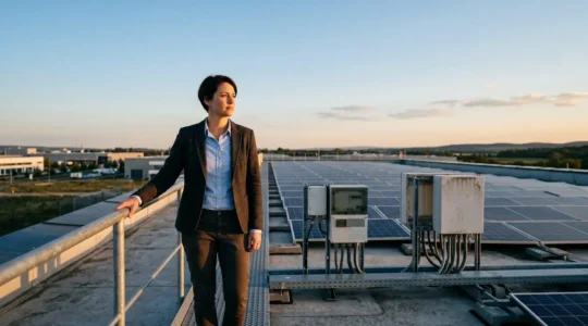 Entrepreneur observant une installation d'efficacite energetique moderne dans un environnement professionnel epure, symbole de croissance verte