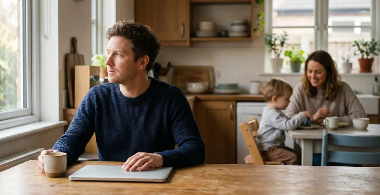 Un entrepreneur assis à une table de cuisine, partagé entre son ordinateur portable et sa famille en arrière-plan, symbolisant l'équilibre entre ambition professionnelle et vie de famille