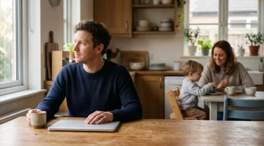 Un entrepreneur assis à une table de cuisine, partagé entre son ordinateur portable et sa famille en arrière-plan, symbolisant l'équilibre entre ambition professionnelle et vie de famille
