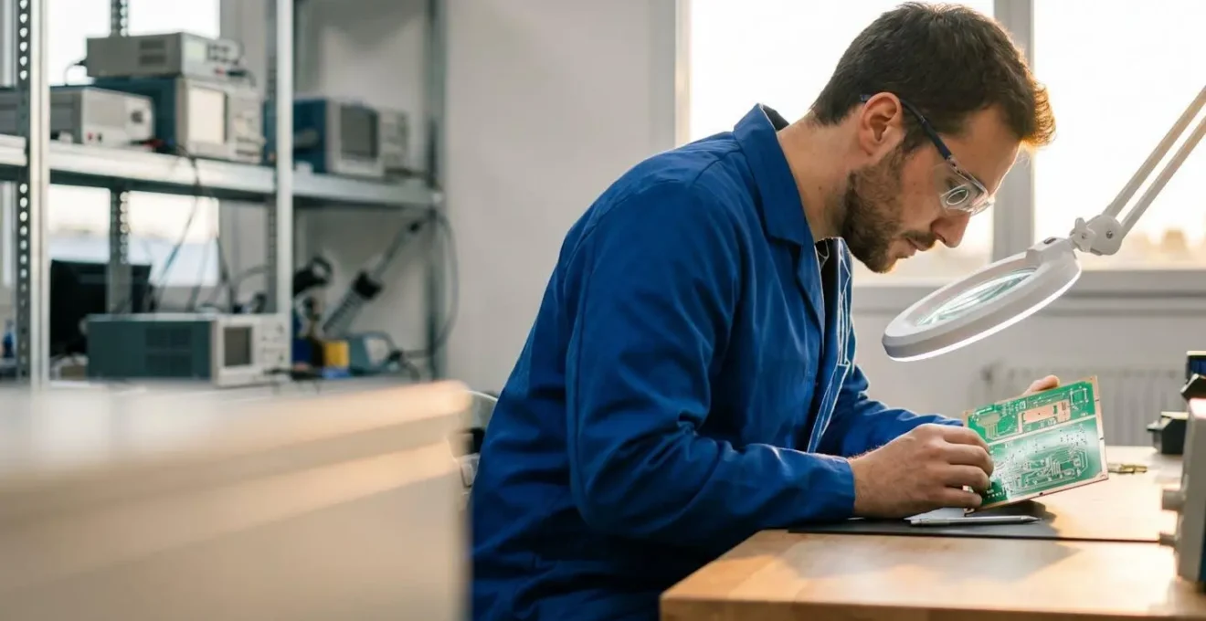 Ingenieur examinant un prototype electronique dans un laboratoire de R&D, symbolisant le retour sur investissement genere par le credit d'impot recherche