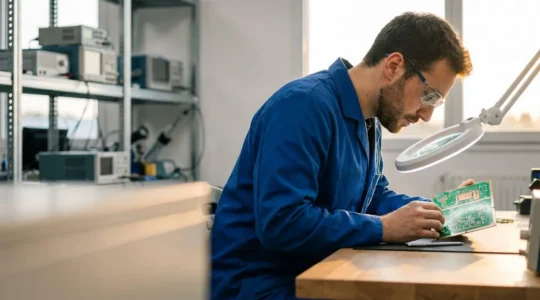 Ingenieur examinant un prototype electronique dans un laboratoire de R&D, symbolisant le retour sur investissement genere par le credit d'impot recherche