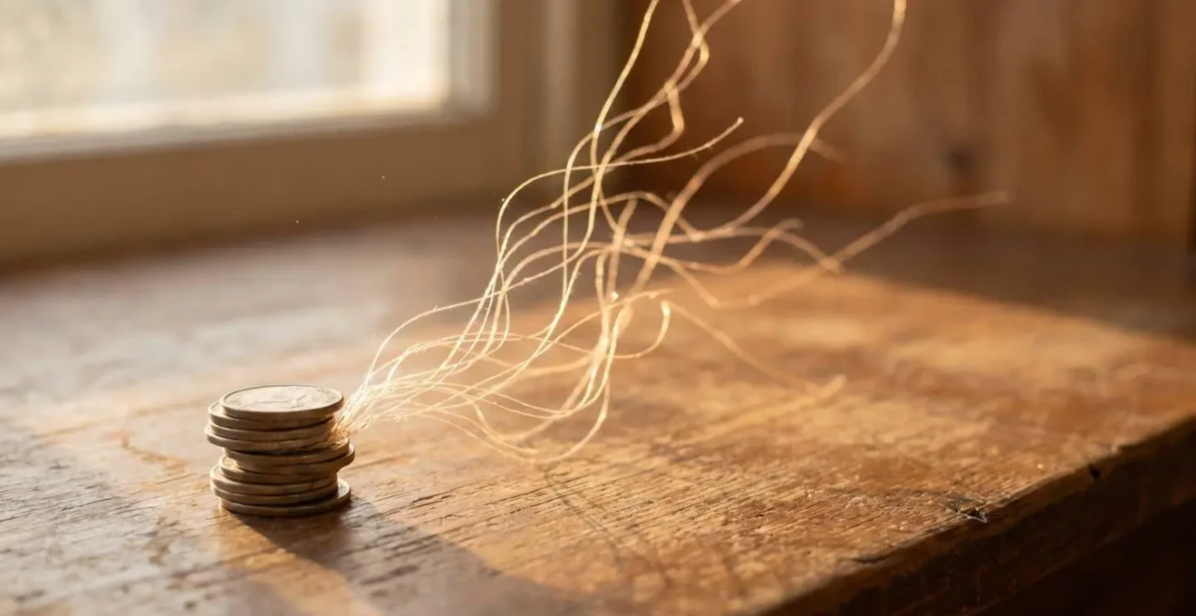 Petite pile de pièces se transformant en un réseau lumineux symbolisant la croissance d'un business en ligne à partir d'un budget limité