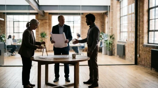 Trois silhouettes complémentaires autour d'une table de travail minimaliste, symbolisant la constitution d'une première équipe fondatrice