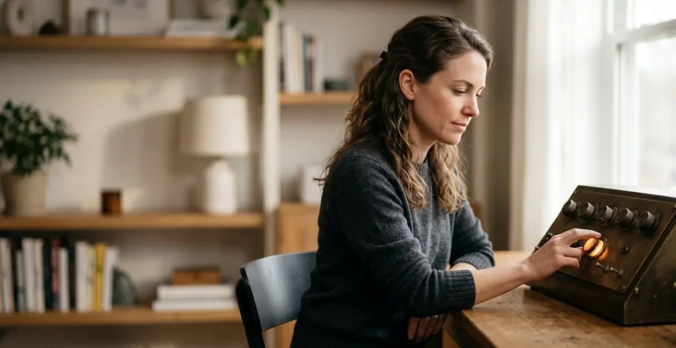 Entrepreneur concentré ajustant avec précision un unique levier lumineux parmi plusieurs, symbolisant le choix stratégique d'un canal marketing unique avec un budget limité
