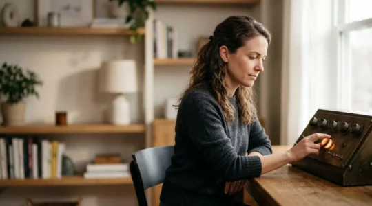 Entrepreneur concentré ajustant avec précision un unique levier lumineux parmi plusieurs, symbolisant le choix stratégique d'un canal marketing unique avec un budget limité