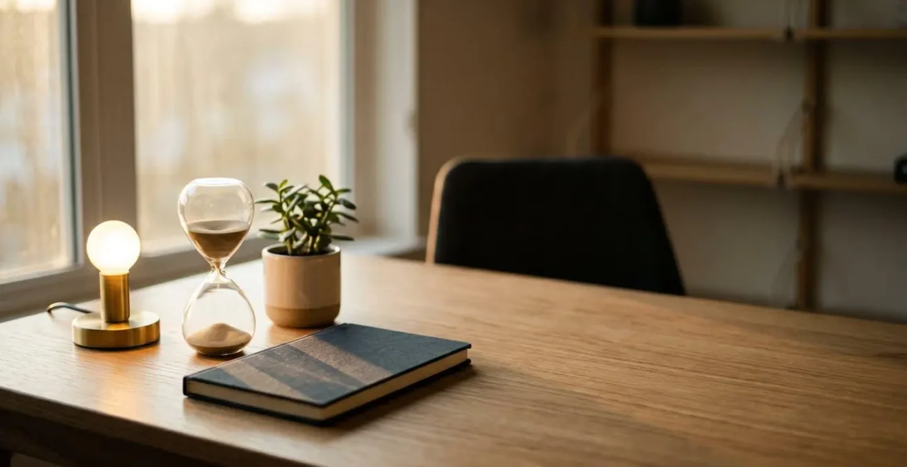 Bureau minimaliste au lever du jour symbolisant un systeme automatise generant des revenus pendant que l'entrepreneur est absent