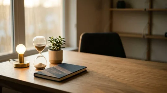 Bureau minimaliste au lever du jour symbolisant un systeme automatise generant des revenus pendant que l'entrepreneur est absent