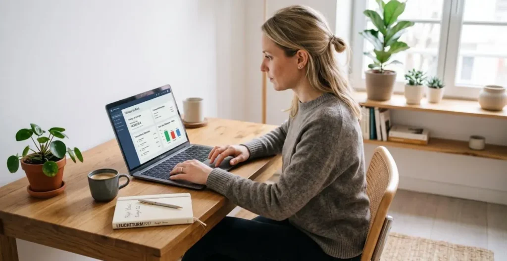 Entrepreneure indépendante consultant son interface bancaire professionnelle sur ordinateur portable dans son bureau à domicile contemporain et lumineux