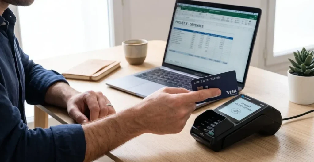Main d'entrepreneur utilisant une carte bancaire professionnelle sur un terminal de paiement moderne, dans un bureau contemporain lumineux